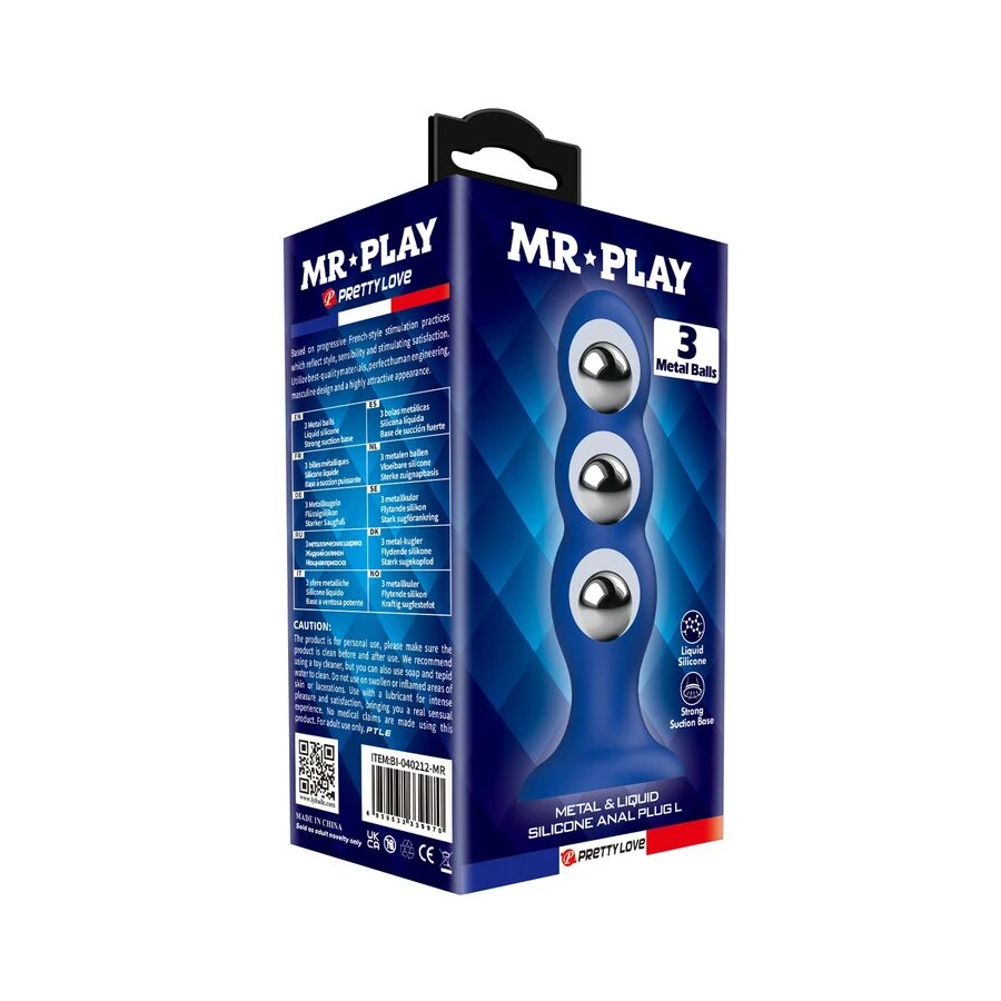 MR PLAY - PLUG ANAL COM BOLINHAS DE METAL E VENTOSA AZUL
